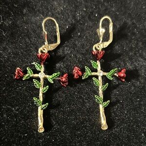 Gold Floral Cross Earrings with Red and Green Accents